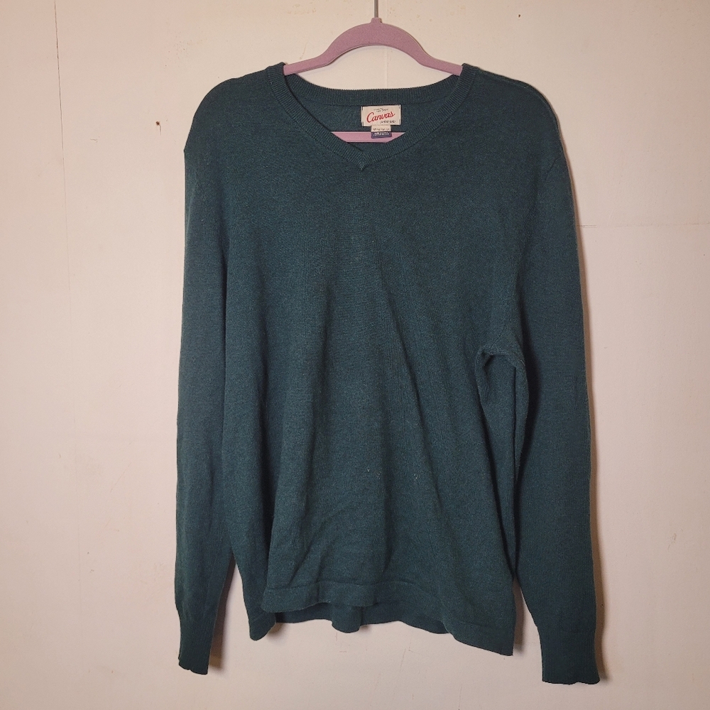 Lands' End Canvas Men's Teal V-Neck Sweater Cotton And Cashmere Size Medium
